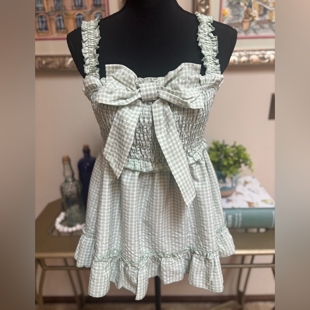 ROMWE GREEN & WHITE GINGHAM BOW RUFFLE HEM BABY DOLL SMOCKED SHORT TOP SIZE L - Picture 2 of 7